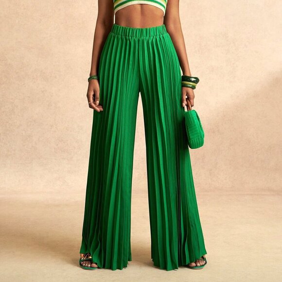 Pants - Green Casual Women's Elegant Pleated Wide-Leg Elastic Waist Pants